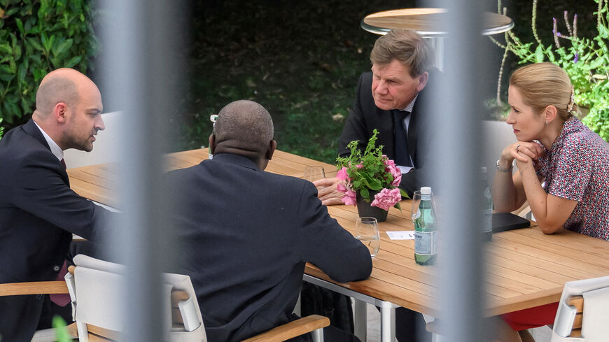 FILE PHOTO: French Minister for Europe and Foreign Affairs Jean-Noel Barrot, British Foreign Secretary David Lammy, German Foreign Minister Johann Wadephul and European Union High Representative for Foreign Affairs and Security Policy, Kaja Kallas, meet at an outdoor terrace table at the offices of the honorary Consul of the Federal Republic of Germany in Geneva, Switzerland June 20, 2025. Fabrice Coffrini/Pool via REUTERS/File Photo