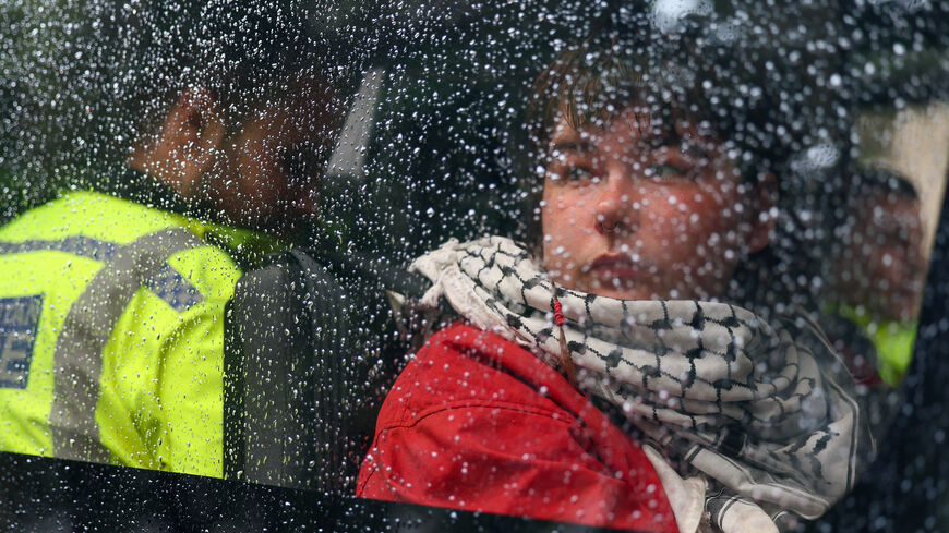 A detained demonstrator sits inside a police van, following a protest in support of the Palestine Action group in Parliament Square in London, Britain, July 19, 2025. REUTERS/Isabel Infantes