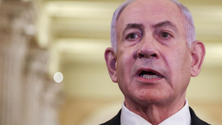 FILE PHOTO: Israeli Prime Minister Benjamin Netanyahu speaks to the press, on Capitol Hill in Washington, D.C. U.S. July 8, 2025. REUTERS/Evelyn Hockstein/File Photo