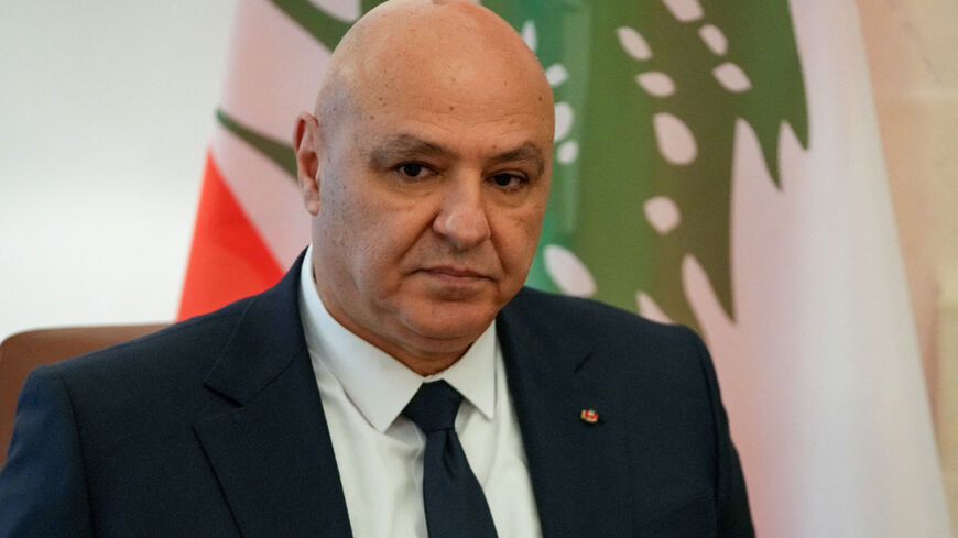 FILE PHOTO: Lebanese President Joseph Aoun looks on during a meeting with Cyprus' President Nikos Christodoulides at the Presidential Palace in Nicosia, Cyprus July  9, 2025. Petros Karadjias/Pool via REUTERS/File Photo