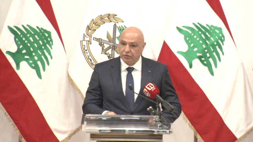 Lebanese President Joseph Aoun speaks during the commemoration of Lebanese Army Day, in Baabda, Lebanon, July 31, 2025 in this screengrab obtained from a video. Tele Liban Pool/via REUTERS TV/FIle Photo