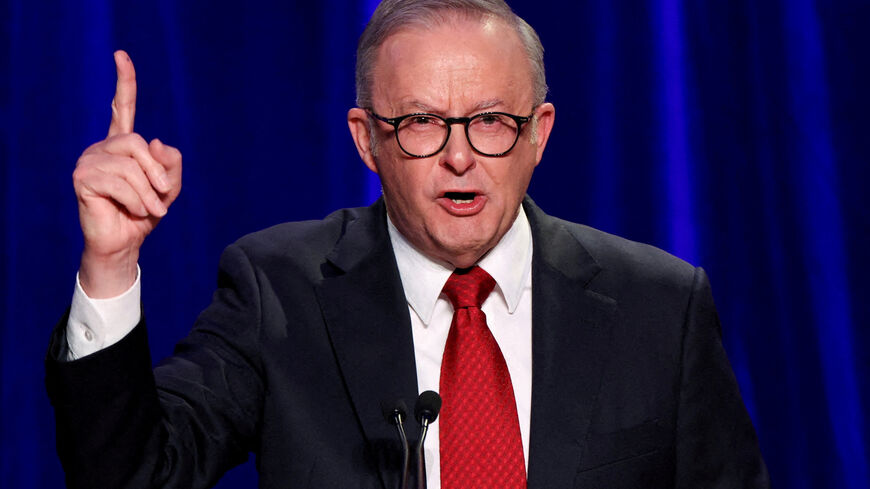 FILE PHOTO: Australia's Prime Minister Anthony Albanese speaks at a Labor party election night event, after local media projected the Labor Party's victory, on the day of the Australian federal election, in Sydney, Australia, May 3, 2025. REUTERS/Hollie Adams/File Photo