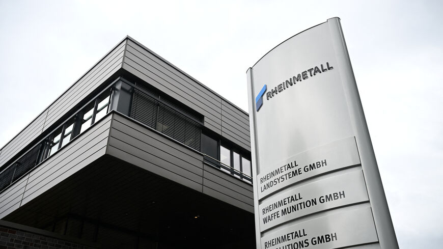 FILE PHOTO: A sign at a plant of ammunition maker Rheinmetall in Unterluess, Germany July 24, 2025. REUTERS/Annegret Hilse/ File Photo