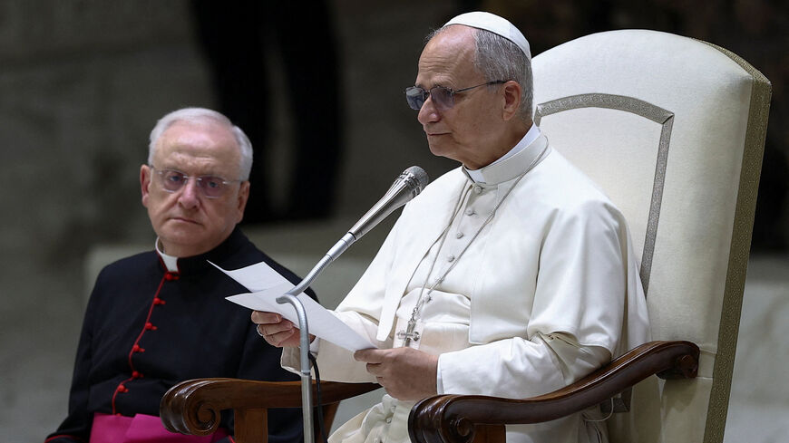 Pope Leo XIV delivers a speech during the weekly general audience in the Paul VI Hall, appealing to the international community to end the conflict in Gaza, and calling for a permanent ceasefire and urgent humanitarian aid, at the Vatican, August 27, 2025. REUTERS/Guglielmo Mangiapane