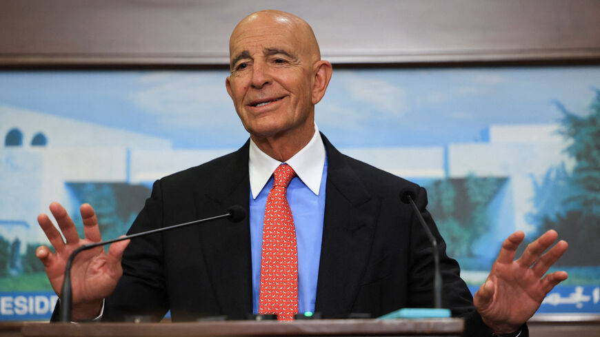 U.S. Ambassador to Turkey and U.S. special envoy for Syria Thomas Barrack speaks after meeting with Lebanese President Joseph Aoun (not pictured) at the presidential palace in Baabda, Lebanon August 26, 2025. REUTERS/Mohamed Azakir