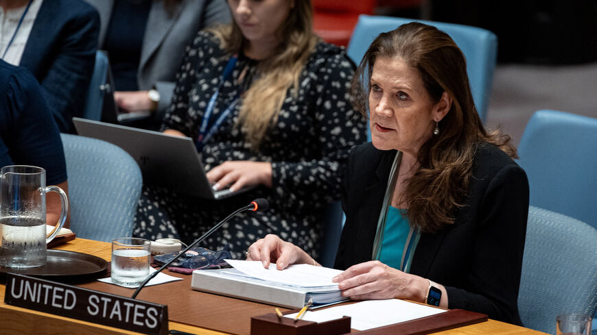 United States Ambassador to the United Nations Dorothy Shea addresses a meeting of the United Nations Security Council on the Israel and Palestinian conflict at U.N. Headquarters in New York City, U.S., August 27, 2025. REUTERS/Angelina Katsanis