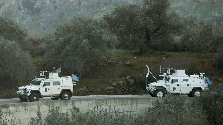 FILE PHOTO: UN peacekeepers (UNIFIL) vehicles ride along a street in Marjaayoun, Southern Lebanon January 20, 2025. REUTERS/Mohamed Azakir/File Photo