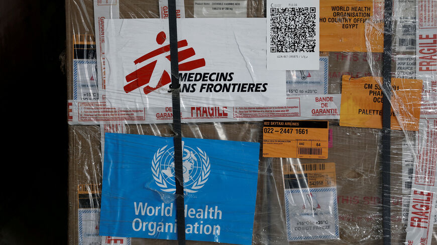FILE PHOTO: View of humanitarian supplies for Gaza, with the logos of Medecins Sans Frontieres (Doctors Without Borders) and World Health Organization, stored at the Egyptian Red Crescent warehouses storing aid, in the Egyptian border town of El-Arish, Egypt, April 8, 2025. REUTERS/Benoit Tessier/Pool/File Photo
