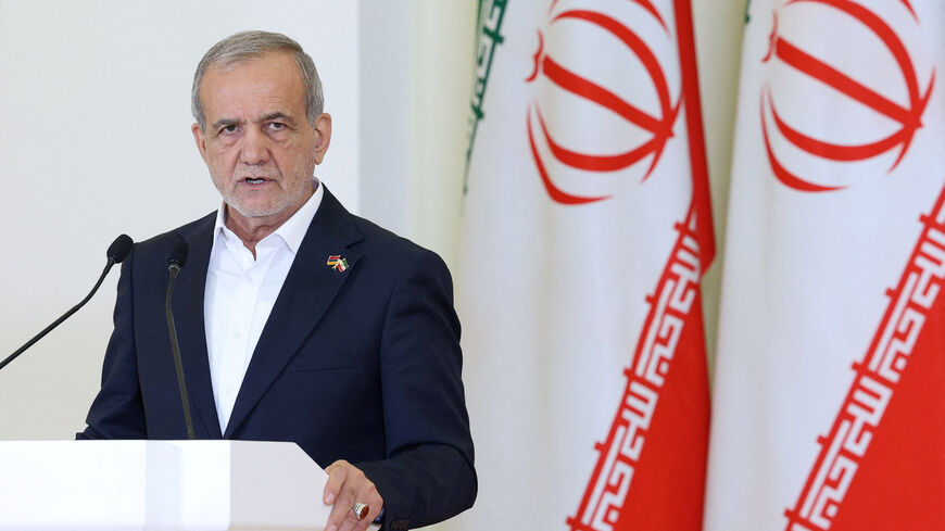 FILE PHOTO: Iranian President Masoud Pezeshkian makes a statement during a meeting with the media following talks with Armenian Prime Minister Nikol Pashinyan in Yerevan, Armenia, August 19, 2025. Hayk Baghdasaryan/Photolure via REUTERS/ File Photo