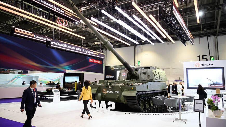 A K9A2 Self-Propelled Howitzer (SPH) from Hanwha is seen on day one of the Defense and Security Equipment International (DSEI) fair at ExCel on Sept. 12, 2023 in London, England. 