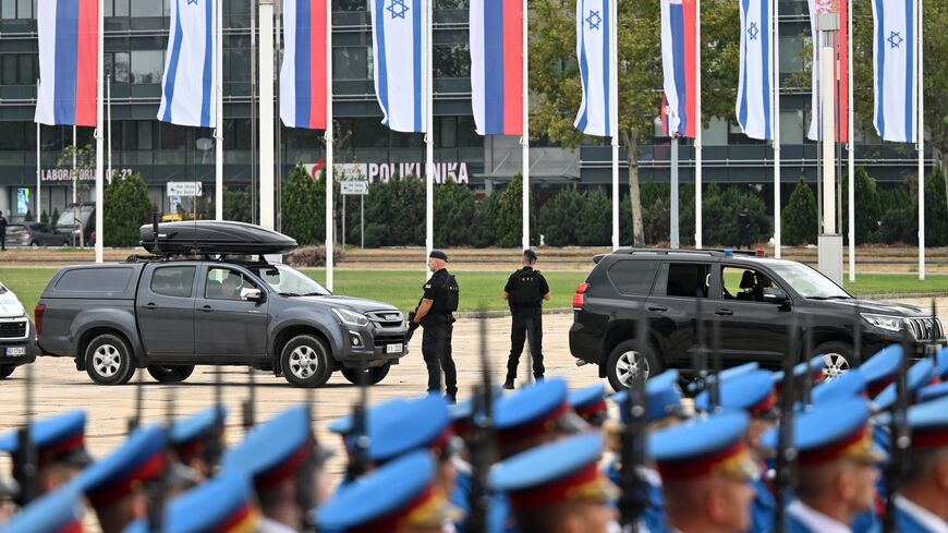 A special anti-terrorist unit stands in front of the Palace of Serbia to secure the place prior to Israeli President Benjamin Netanyahu's arrival for a meeting with Serbia's president in Belgrade, on Sept. 11, 2024.