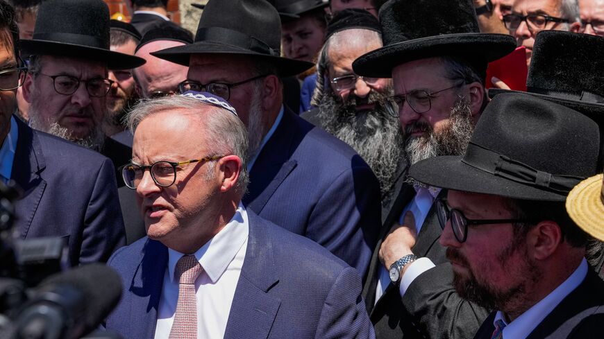 Australian Prime Minister Anthony Albanese speaks to the media after he visited the damaged Adass Israel Synagogue on Dec. 10, 2024, in Melbourne, Australia.