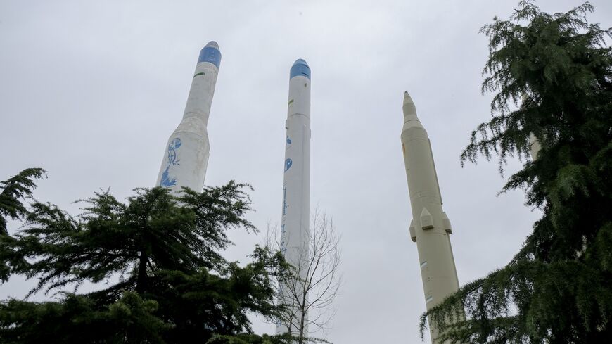 A view of Simorgh (L) and Safir (2nd from left) Space Launch Vehicles and other Iran-made missiles in Iran's Museum of the Holy Defense in Tehran, Iran, on April 4, 2025.
