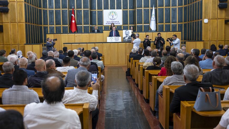 DEM Party co-chair Tuncer Bakirhan speaks during a group meeting in Ankara, on May 13, 2025.