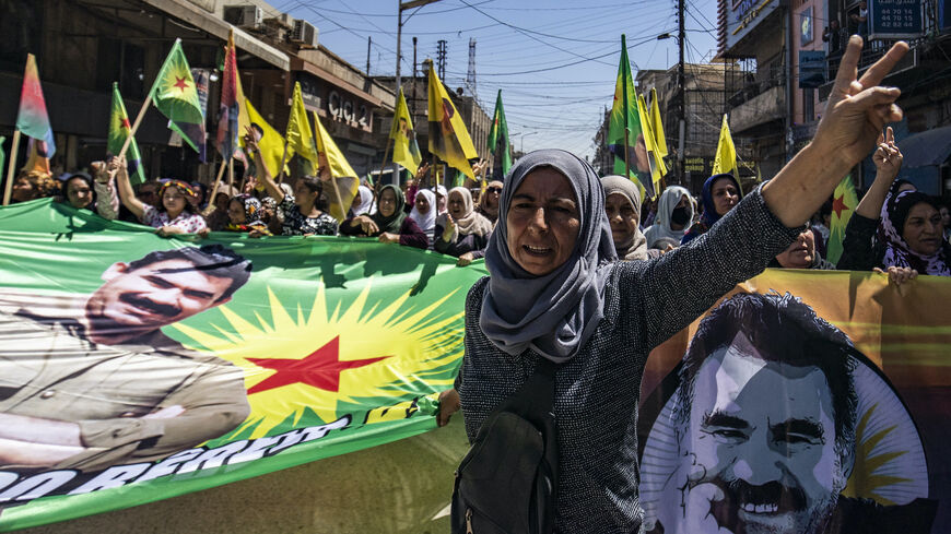 Kurdish Syrians demonstrate in the Syrian eastern city of Qamishli to demand the release of the jailed founder of the Kurdistan Workers' Party (PKK) Abdullah Ocalan in Turkey, on May 29, 2025. 