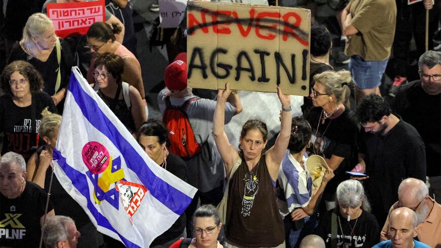 Demonstrators gather during an anti-government protest calling for action to secure the release of Israeli hostages held captive in the Gaza Strip.