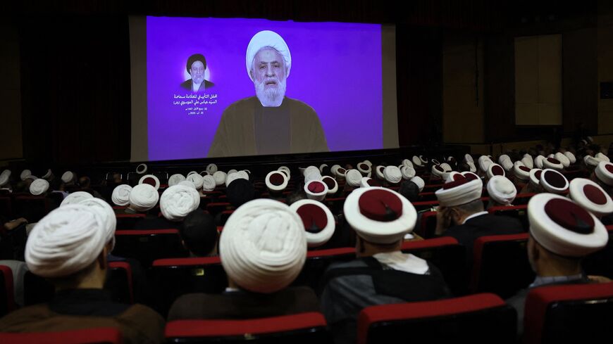 Hezbollah Secretary-General Naim Qassem delivers a statement during a ceremony to honor the Shiite cleric Abbas Ali Al-Moussawi, who passed away the week prior, Beirut, Aug. 25, 2025.