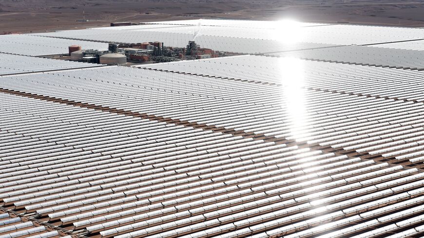 An aerial view of the solar mirrors at the Noor 1 Concentrated Solar Power plant some 12.5 miles outside the central Moroccan town of Ouarzazate, on Feb. 4, 2016.