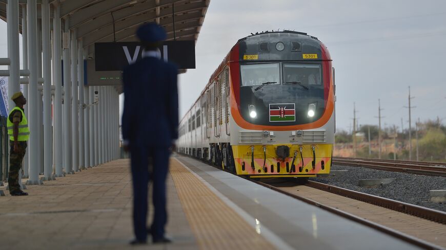 The inaugural ride of Kenya's newly acquired Standard Gauge Railway locomotive pulls into Voi railway station on May 31, 2017, in Voi, Kenya. 