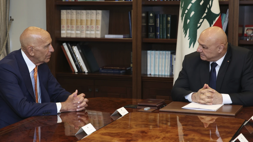 Lebanese President Joseph Aoun, right, meets with US Ambassador to Turkey and Special Envoy to Syria Tom Barrack, in Baabda, east of Beirut, July 7, 2025.