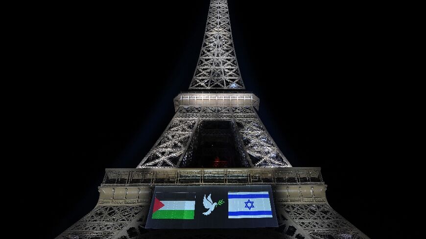 The Eiffel Tower displayed Palestinian and Israeli flags and Paris city hall backed a two-state solution