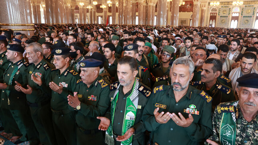 Officials recite prayers during the funeral procession of Houthi government officials killed in an Israeli strike, in Sanaa, Yemen September 1, 2025. REUTERS/Khaled Abdullah