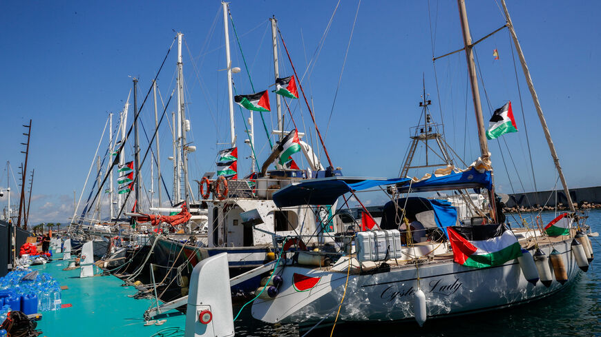 Sailboats from the Global Sumud Flotilla humanitarian expedition prepare to set sail for Gaza at the port of Barcelona, Spain, August 30, 2025. REUTERS/Eva Manez