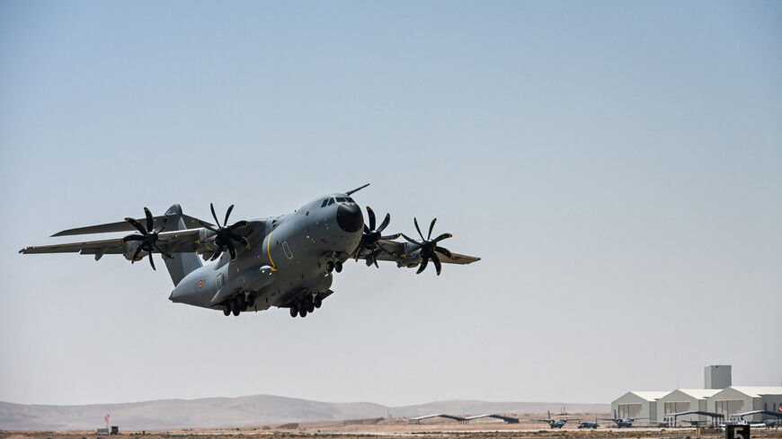 FILE PHOTO: A Belgian Air Force aircraft, loaded with humanitarian aid parcels, takes off for a mission to drop them over the Gaza Strip, in an undisclosed location, obtained by Reuters August 3, 2025. Belgian Defence Ministry/Handout via REUTERS/ File Photo