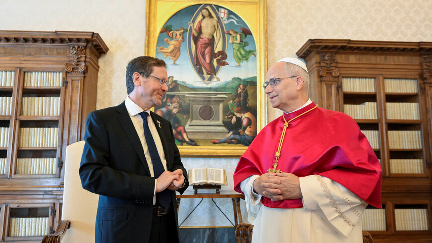 Pope Leo XIV meets Israeli President Isaac Herzog at the Vatican, September 4, 2025.    Vatican Media/Simone Risoluti/­Handout via REUTERS    ATTENTION EDITORS - THIS IMAGE WAS PROVIDED BY A THIRD PARTY.