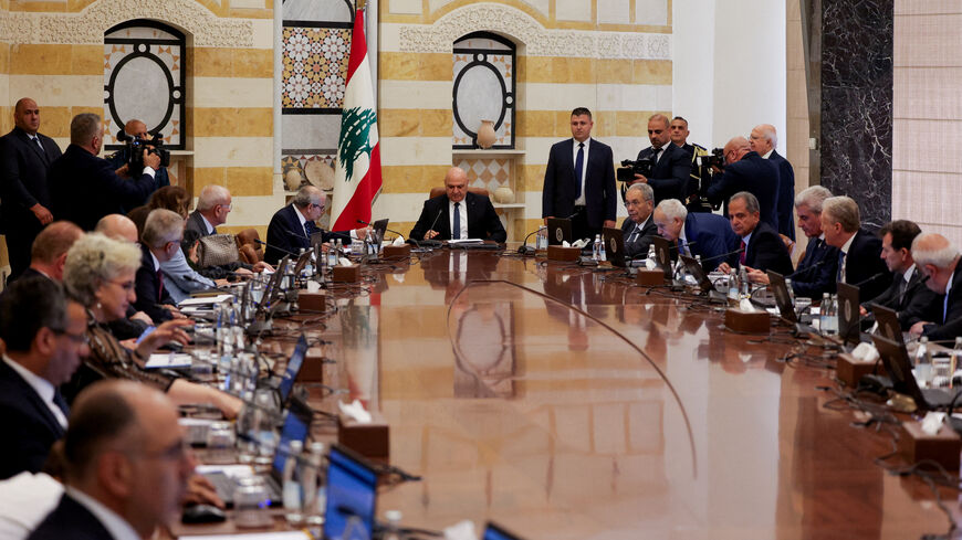 FILE PHOTO: Lebanese President Joseph Aoun, Lebanese Prime Minister Nawaf Salam and members of the Lebanese cabinet meet to discuss efforts to bring all weapons in the country under the control of the state, at the Presidential Palace in Baabda, Lebanon August 5, 2025. REUTERS/Emilie Madi/File Photo