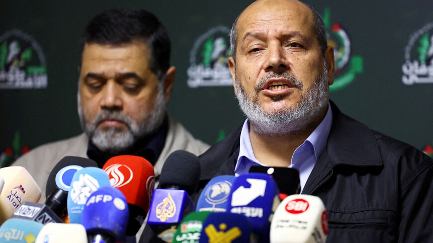 FILE PHOTO: Hamas officials, Khalil Al-Hayya and Osama Hamdan, attend a press conference in Beirut, Lebanon, November 21, 2023. REUTERS/Esa Alexander/File Photo