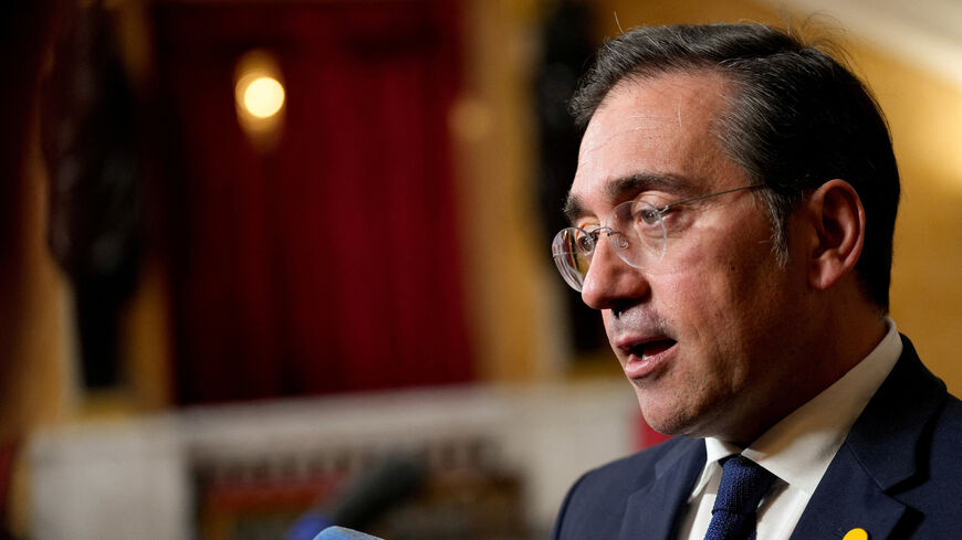 FILE PHOTO: Spain's Foreign Minister Jose Manuel Albares Bueno speaks to the media at Lancaster House in London, Britain, May 12, 2025. REUTERS/Carlos Jasso/Pool/File Photo