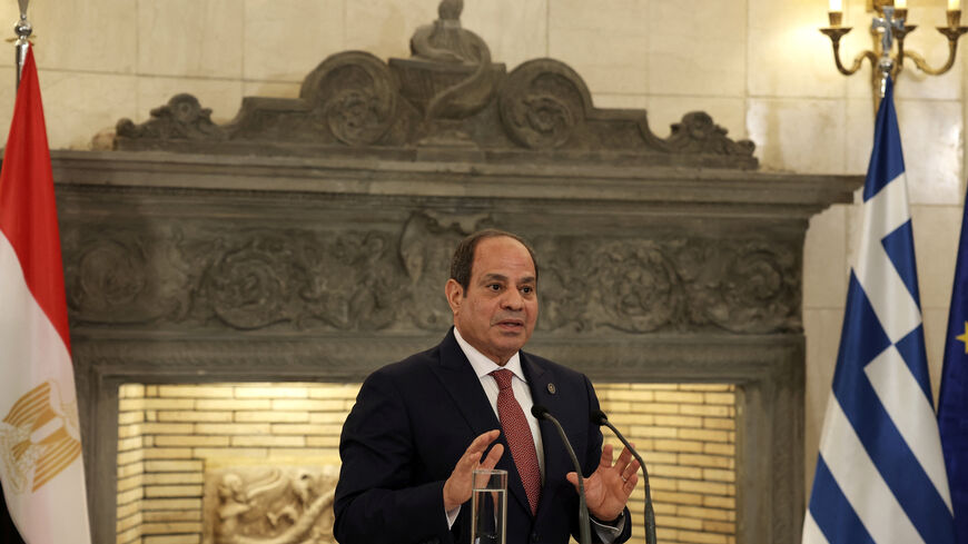 Egypt's President Abdel Fattah al-Sisi speaks during a press conference with Greek Prime Minister Kyriakos Mitsotakis at the Maximos Mansion, in Athens, Greece, May 7, 2025. REUTERS/Louiza Vradi/File Photo