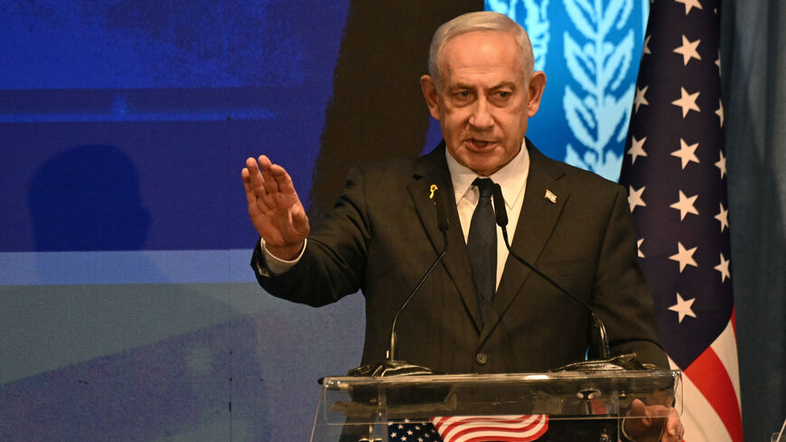 Israeli Prime Minister Benjamin Netanyahu speaks at the opening event of the largest-ever bipartisan delegation of American legislators to Israel at the Foreign Ministry in Jerusalem on Monday, September 15, 2025. Debbie Hill/Pool via REUTERS