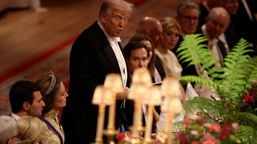 U.S. President Donald Trump speaks during the State Banquet during his state visit, at Windsor Castle, in Windsor, Britain, September 17, 2025. REUTERS/Phil Noble/Pool