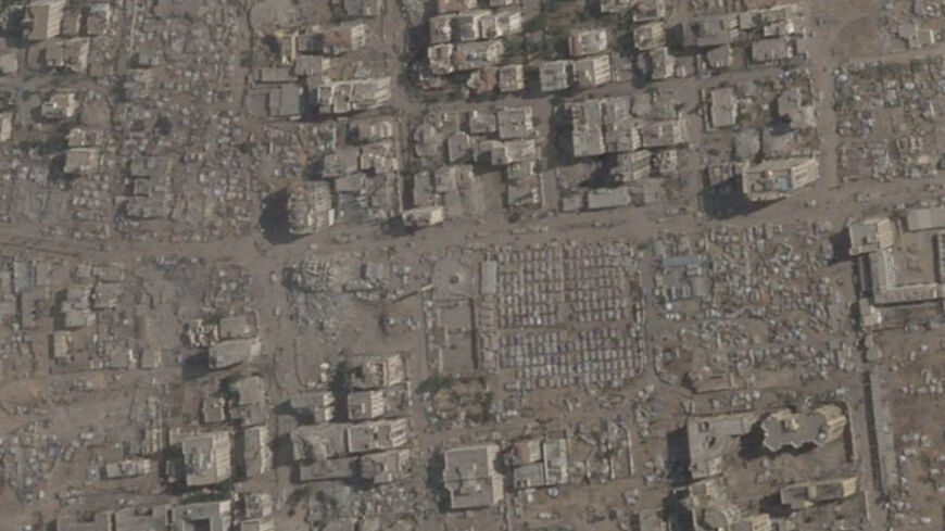 A satellite image shows a wider area view of the remains of the 15-storey Mushtaha Tower, after it was destroyed in an Israeli air strike, in Gaza City September 16, 2025. Planet Labs PBC via REUTERS