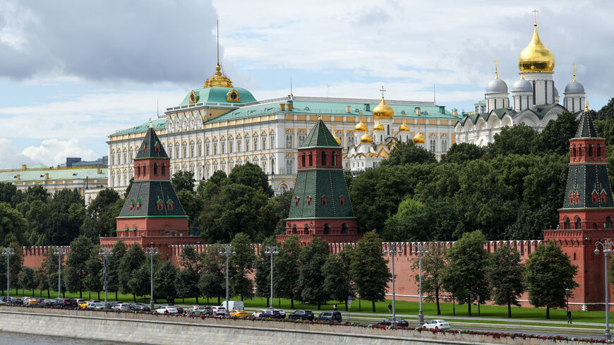 FILE PHOTO: A view shows the Kremlin's towers, the Grand Kremlin Palace and cathedrals behind the wall in central Moscow, Russia, August 7, 2025. REUTERS/Evgenia Novozhenina/ File Photo