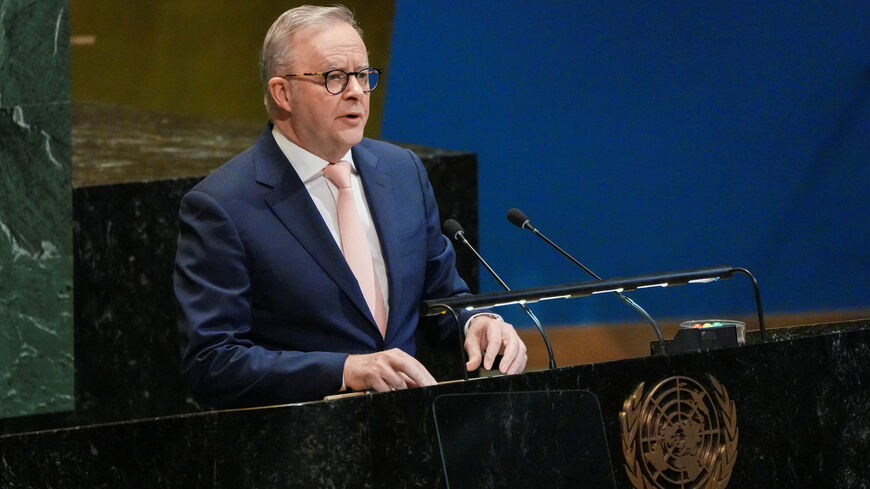 Australian Prime Minister Anthony Albanese addresses delegates during a high-level meeting of heads of state on a two-state solution between Israel and the Palestinians at United Nations headquarters in New York City, U.S., September 22, 2025. REUTERS/Eduardo Munoz/File Photo