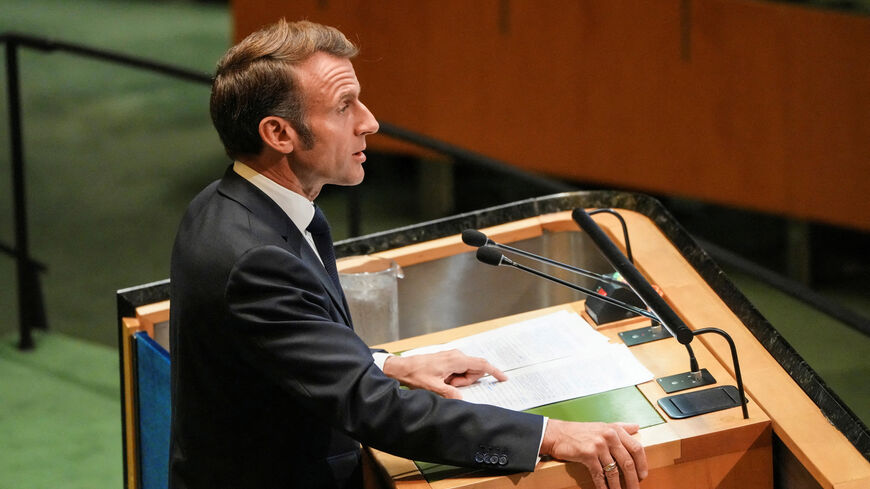FILE PHOTO: French President Emmanuel Macron addresses delegates during a high-level meeting of heads of state on a two-state solution between Israel and the Palestinians at United Nations headquarters in New York City, U.S., September 22, 2025. REUTERS/Eduardo Munoz/File Photo