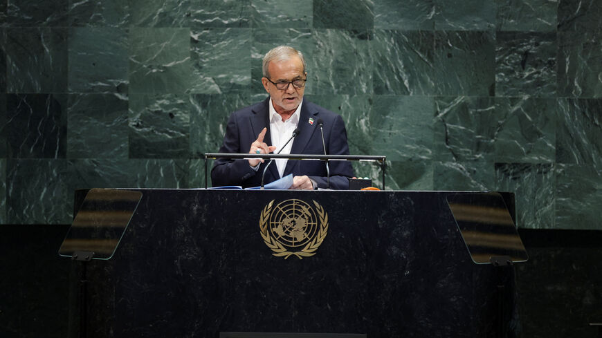 Iran's President Masoud Pezeshkian addresses the 80th United Nations General Assembly (UNGA) at the U.N. headquarters in New York, U.S., September 24, 2025. REUTERS/Jeenah Moon
