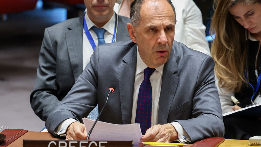 FILE PHOTO: Greece's Foreign Minister Giorgos Gerapetritis speaks during a meeting of the United Nations Security Council, at U.N. headquarters in New York City, U.S., July 17, 2025. REUTERS/Kylie Cooper/File Photo
