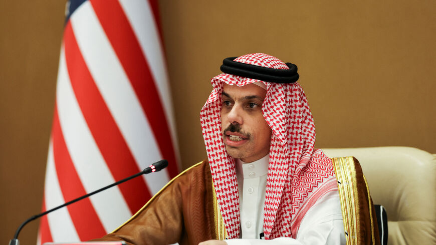 FILE PHOTO: Saudi Foreign Minister Prince Faisal bin Farhan Al Saud speaks during a press conference in Riyadh, Saudi Arabia, May 14, 2025. REUTERS/Hamad I Mohammed/ File Photo