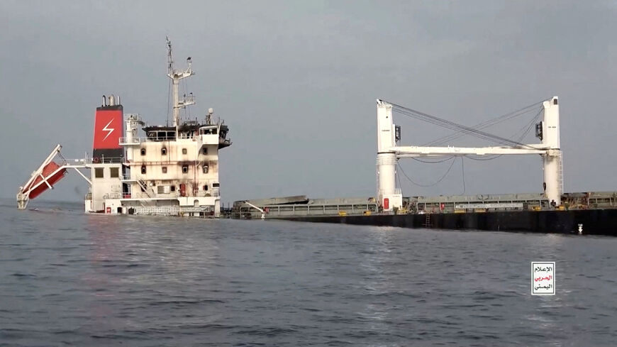 FILE PHOTO: A vessel said to be Greek-operated, Liberia-flagged Eternity C sinks in footage released by Yemen's Houthis, in the Red Sea, in this screen grab taken from a handout video released on July 9, 2025.    HOUTHI MEDIA CENTER/Handout via REUTERS/File Photo