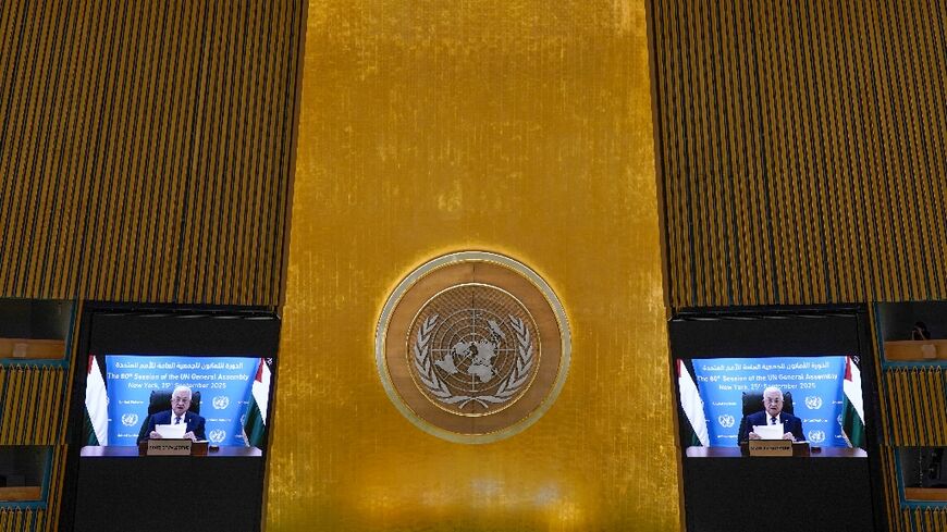 Palestinian Authority President Mahmud Abbas speaks by video during the United Nations General Assembly