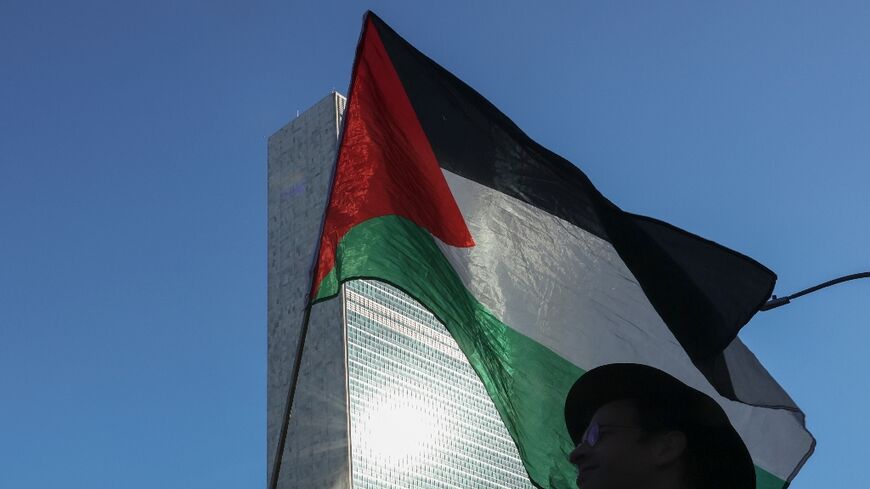 Pro-Palestinian protesters rallied outside United Nations headquarters ahead of the annual General Assembly, which opens Monday with a debate on recognising a state of Palestine 