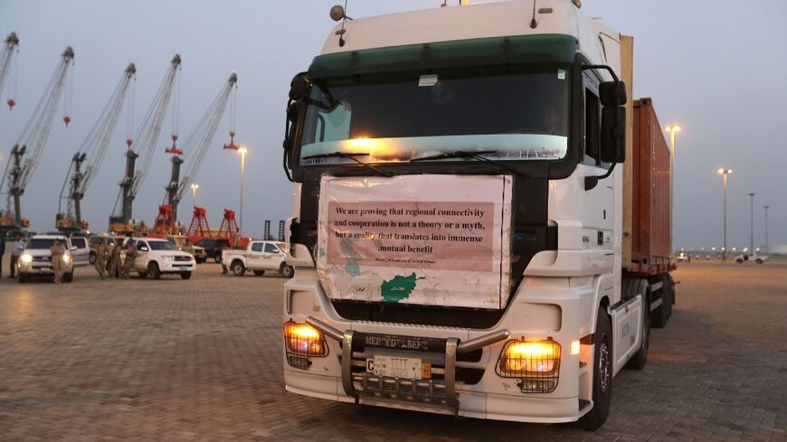 A truck transporting cargo from Afghanistan to be exported to India is seen in the southeastern Iranian coastal city of Chabahar on February 25, 2019