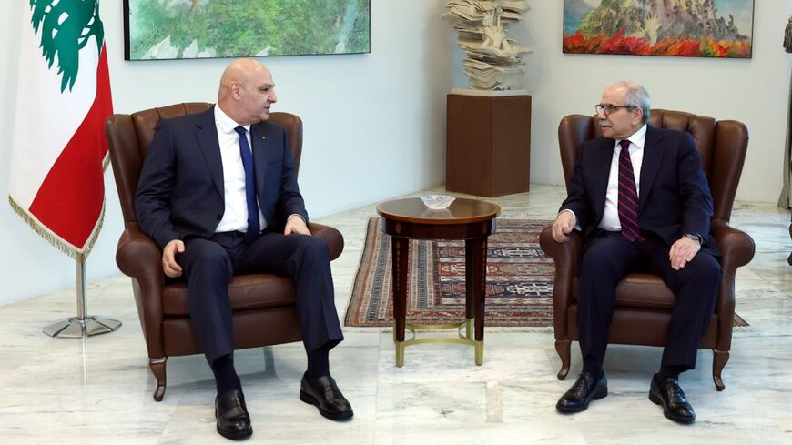 The Lebanese president, Joseph Aoun (left), receives Prime Minister Nawaf Salam at the Baabda Presidential Palace, on Sept. 1, 2025. 