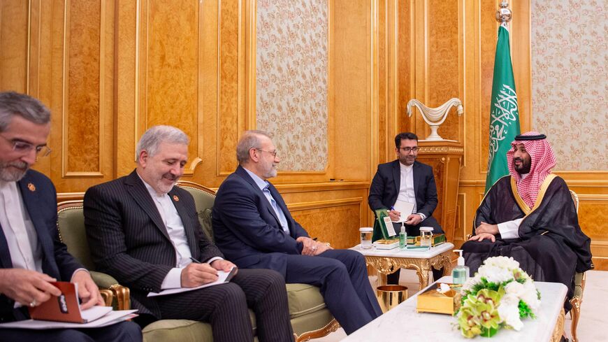 Head of Iran’s Supreme National Security Council Ali Larijani meets with Saudi Crown Prince Mohammed bin Salman in Riyadh on Sept. 16, 2025.