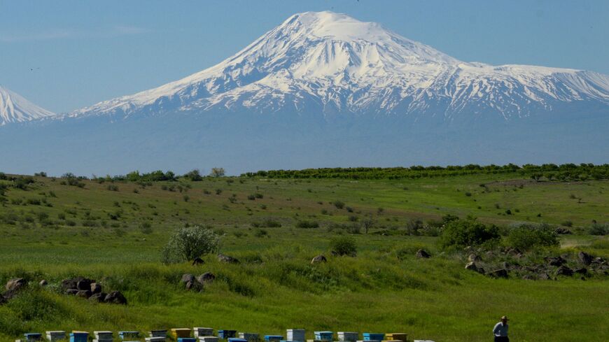 A beekeeper walks by his beehives set in a valley in the Armenian province of Kotayk, with Mount Ararat seen in the background, on May 15, 2019.