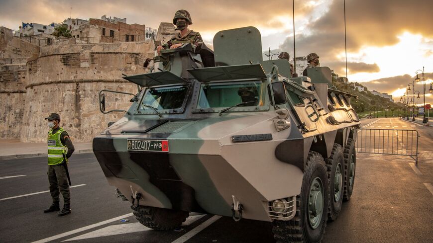 Moroccan soldiers patrol the city of Tangiers on August 11, 2020 amid a new outbreak of the novel coronavirus.
